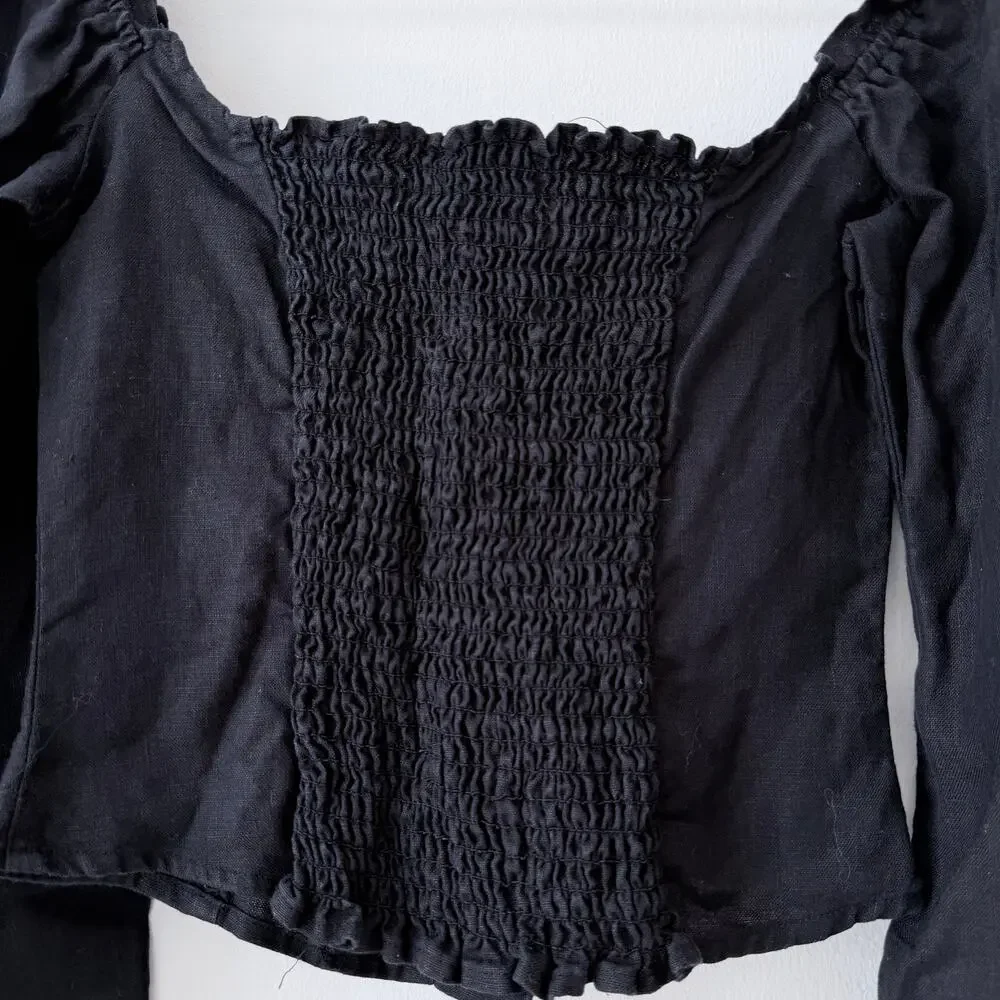 Reformation Hogan Long Sleeve Linen Top Black Size XS / 0